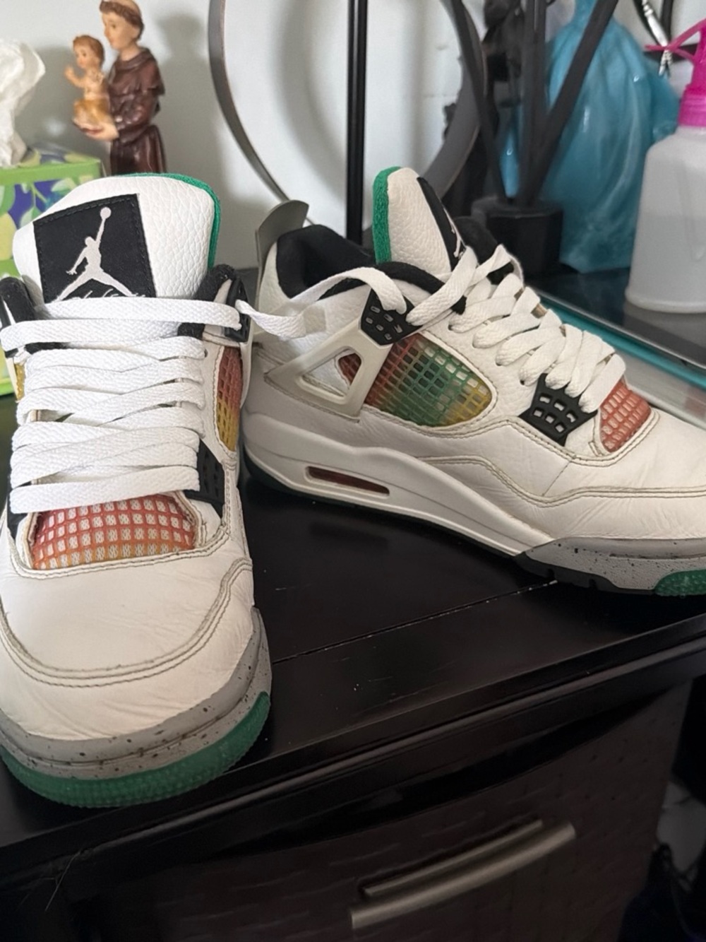 Jordan 4 Rasta White Sneakers with Green and Multicolor Accents